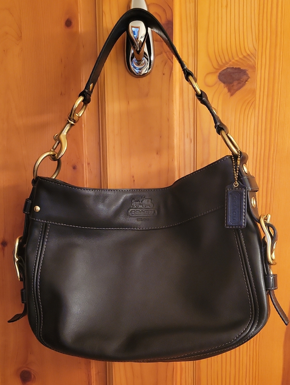 Coach Black Leather Shoulder Hobo with Gold Hardware